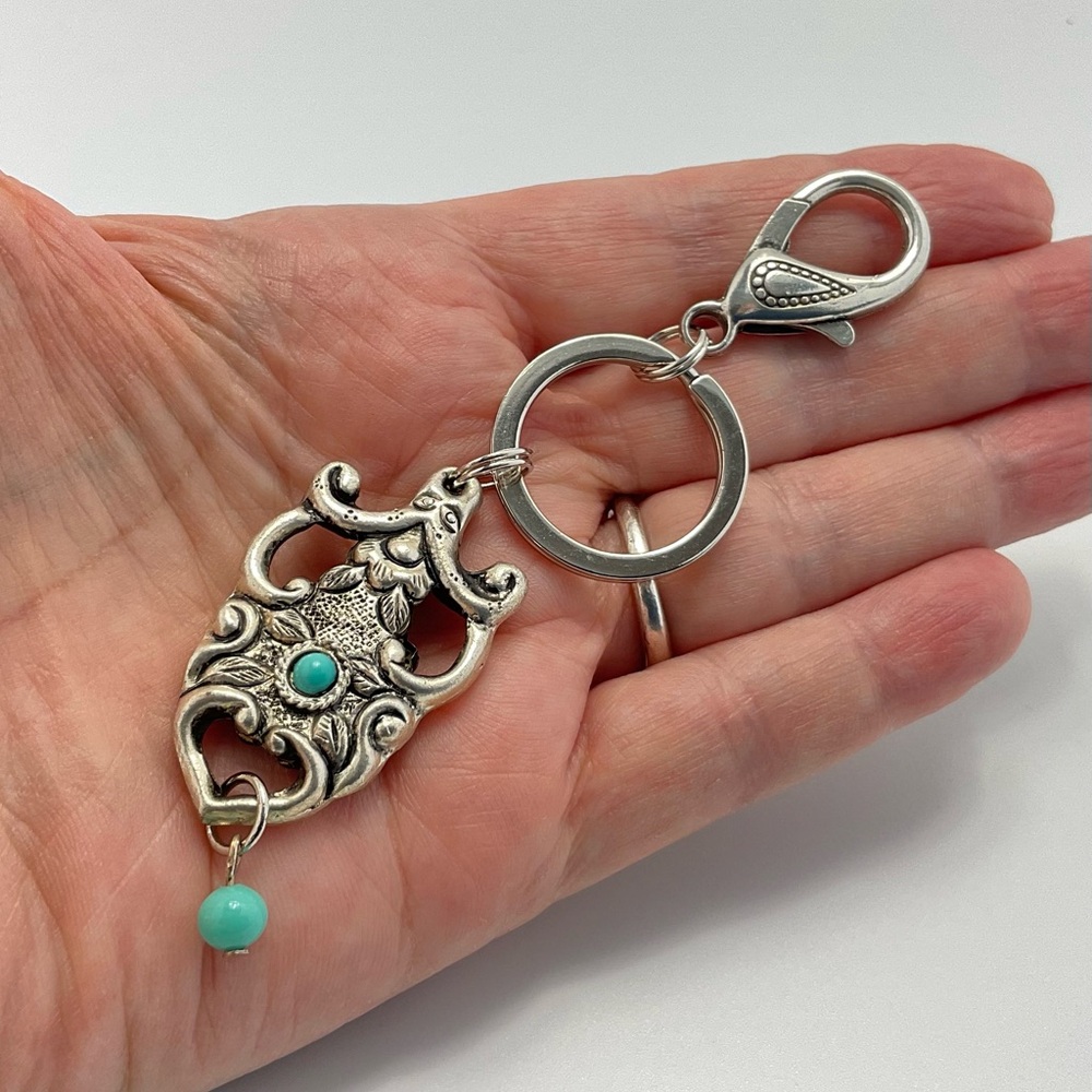 BoHo Western Keychain, Faux Turquoise & Antique Silver, Purse Charm, Key Ring - Picture 4 of 8